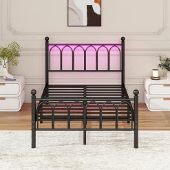 Lit Simple 120x200 cm - Lit Métal Ado Vintage avec LED et Ports USB, Barres Acier Renforcées, Sans Matelas - Métal Noir><noscript><img data-lazyloaded=