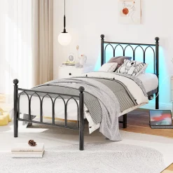 Lit Simple 90x200 cm - Lit Métal Ado avec Éclairage LED et Ports USB, Barres Acier Renforcées, Sans Matelas - Métal Noir>Okwish Best