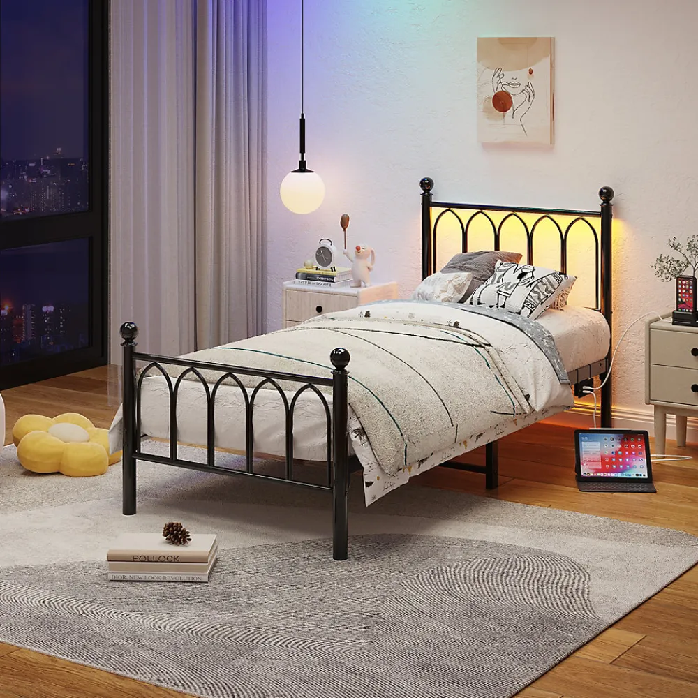 Lit Simple 90x200 cm - Lit Métal Ado avec Éclairage LED et Ports USB, Barres Acier Renforcées, Sans Matelas - Métal Noir>Okwish Best