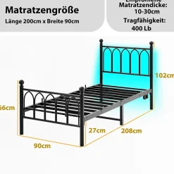 Lit Simple 90x200 cm - Lit Métal Ado avec Éclairage LED et Ports USB, Barres Acier Renforcées, Sans Matelas - Métal Noir><noscript><img width=