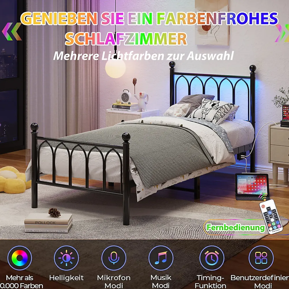 Lit Simple 90x200 cm - Lit Métal Ado avec Éclairage LED et Ports USB, Barres Acier Renforcées, Sans Matelas - Métal Noir>Okwish Best