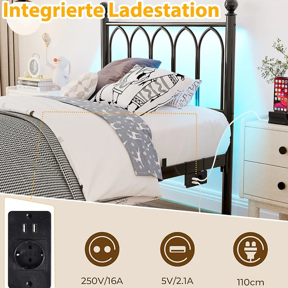 Lit Simple 90x200 cm - Lit Métal Ado avec Éclairage LED et Ports USB, Barres Acier Renforcées, Sans Matelas - Métal Noir>Okwish Best