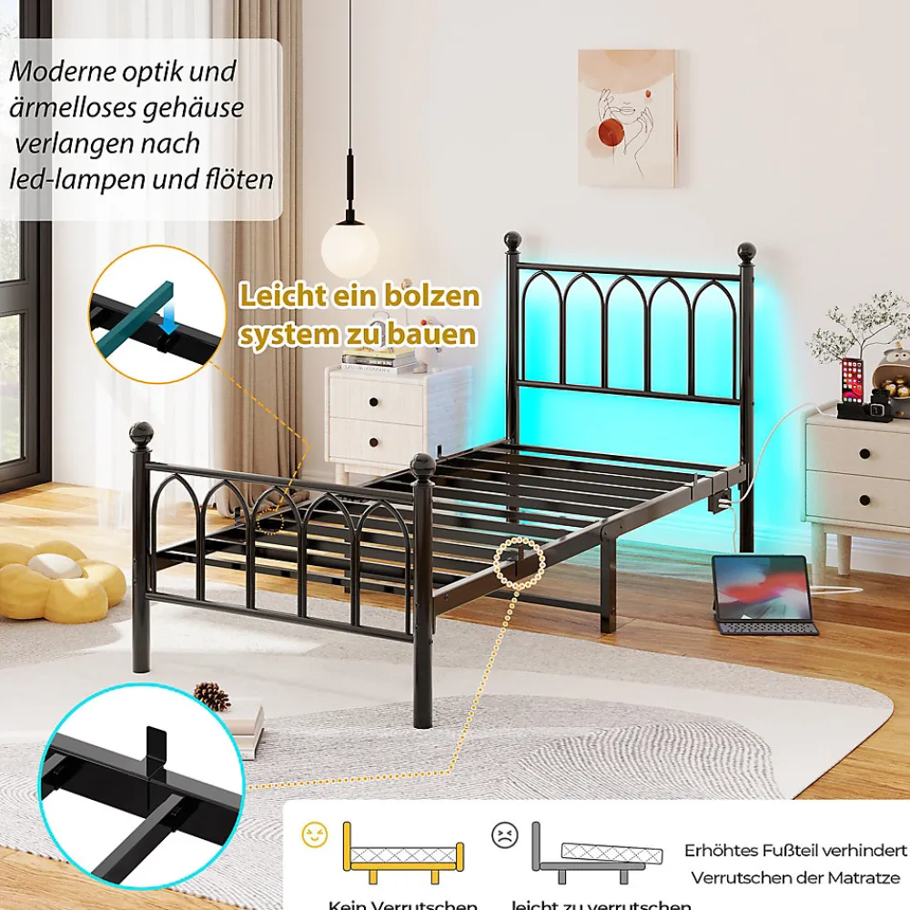 Lit Simple 90x200 cm - Lit Métal Ado avec Éclairage LED et Ports USB, Barres Acier Renforcées, Sans Matelas - Métal Noir>Okwish Best