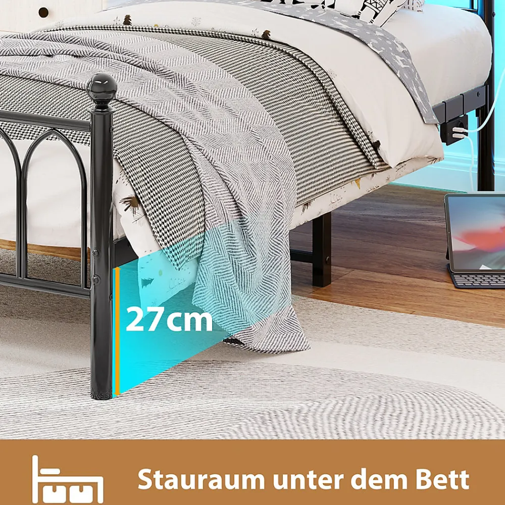 Lit Simple 90x200 cm - Lit Métal Ado avec Éclairage LED et Ports USB, Barres Acier Renforcées, Sans Matelas - Métal Noir>Okwish Best