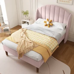 Okwish Lit Simple 90x200 cm - Lit Rembourré ado - Velours - Sans Matelas - Rose* Lit Simple