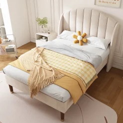 Okwish Lit Simple 90x200 cm - Lit Rembourré ado - Velours - Sans Matelas - Beige* Lit Simple