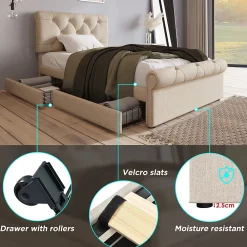 Okwish Lit simple 90x200 cm - Lit simple capitonné avec 2 Tiroirs et Tête de Lit Réglable, Gris Clair, Sans Matelas* Lit Simple