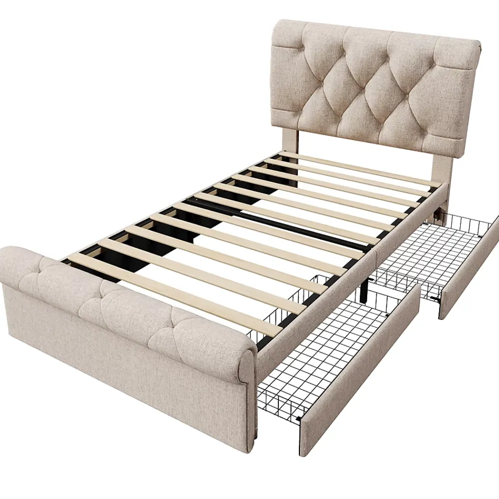 Okwish Lit simple 90x200 cm - Lit simple capitonné avec 2 Tiroirs et Tête de Lit Réglable, Gris Clair, Sans Matelas* Lit Simple