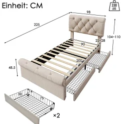 Okwish Lit simple 90x200 cm - Lit simple capitonné avec 2 Tiroirs et Tête de Lit Réglable, Gris Clair, Sans Matelas* Lit Simple