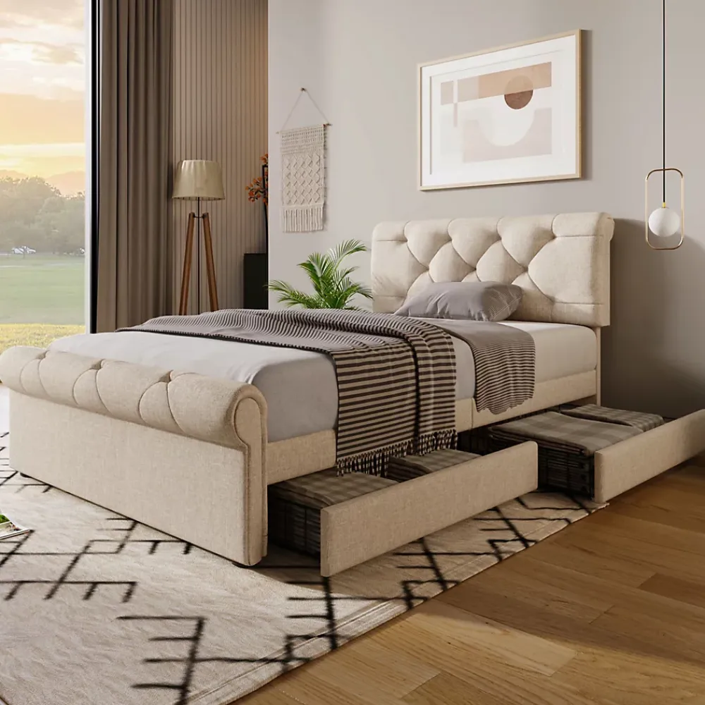 Okwish Lit simple 90x200 cm - Lit simple capitonné avec 2 Tiroirs et Tête de Lit Réglable, Gris Clair, Sans Matelas* Lit Simple