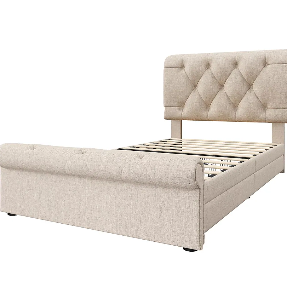 Okwish Lit simple 90x200 cm - Lit simple capitonné avec 2 Tiroirs et Tête de Lit Réglable, Gris Clair, Sans Matelas* Lit Simple