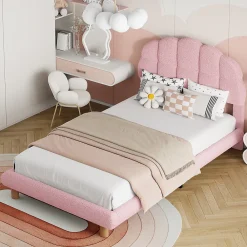 Lit simple 90x200 cm, avec tête de lit en forme de cercle guimauve, cadre en métal, lit capitonné en sherpa - Rose><noscript><img width=
