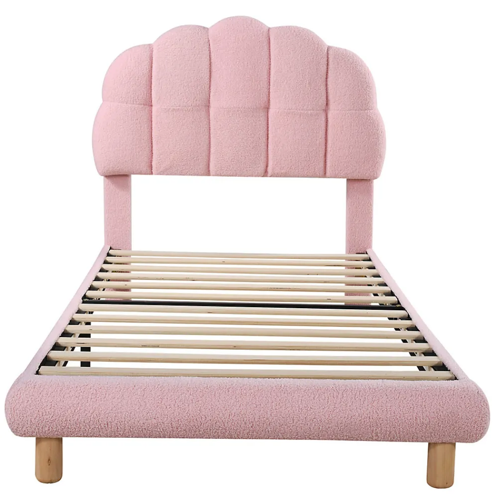 Lit simple 90x200 cm, avec tête de lit en forme de cercle guimauve, cadre en métal, lit capitonné en sherpa - Rose>Generique Outlet
