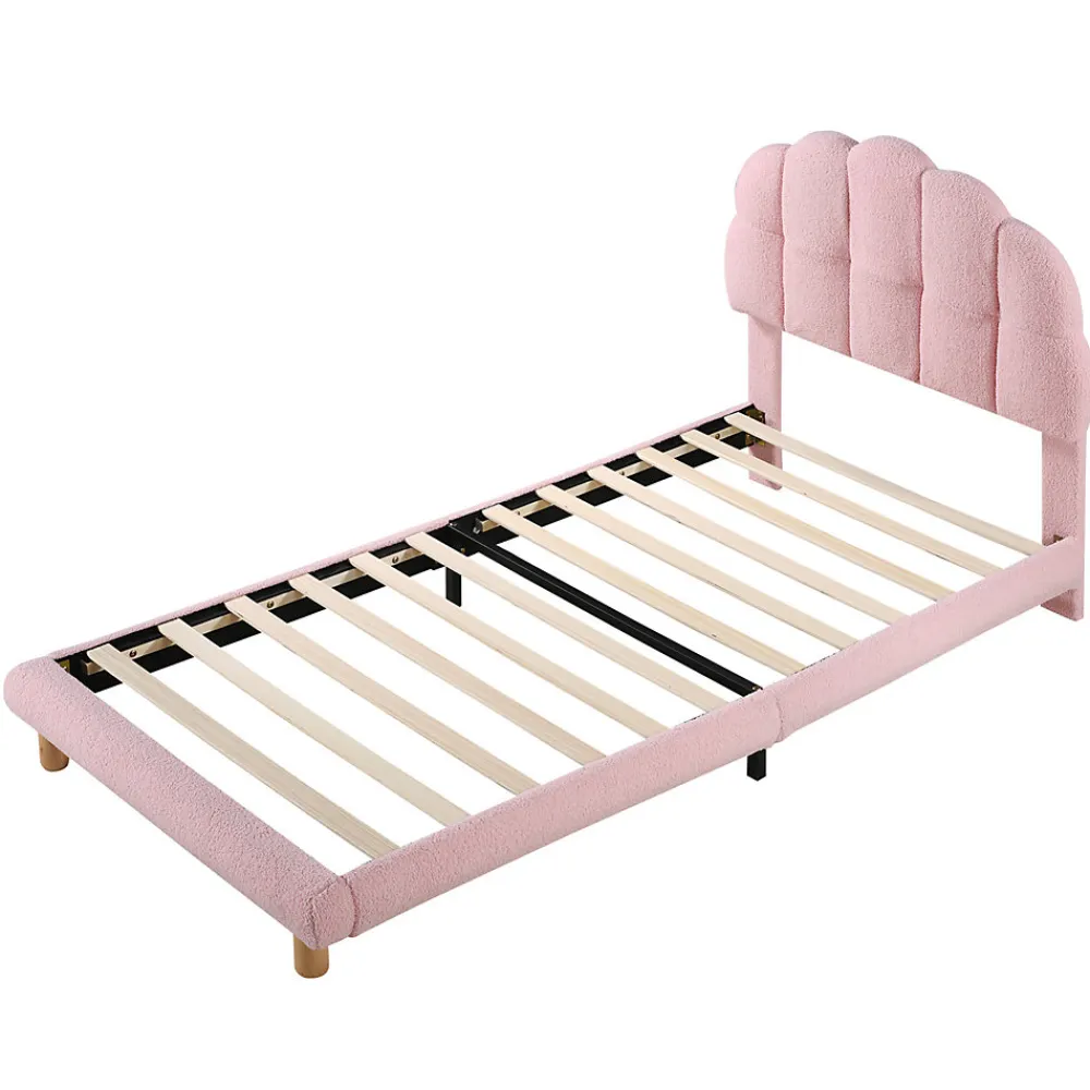Lit simple 90x200 cm, avec tête de lit en forme de cercle guimauve, cadre en métal, lit capitonné en sherpa - Rose>Generique Outlet