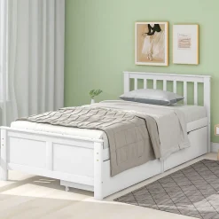 Lit Simple 90x200 cm Bois - Lit Ado ou Adulte avec Rangement Intégré sous le Sommier - Sans Matelas - Bois de Pin + MDF - Blanc>Okwish Sale