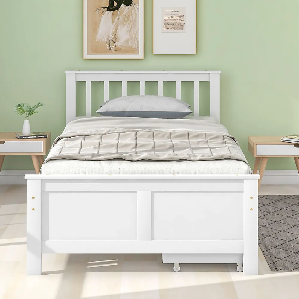 Lit Simple 90x200 cm Bois - Lit Ado ou Adulte avec Rangement Intégré sous le Sommier - Sans Matelas - Bois de Pin + MDF - Blanc>Okwish Sale