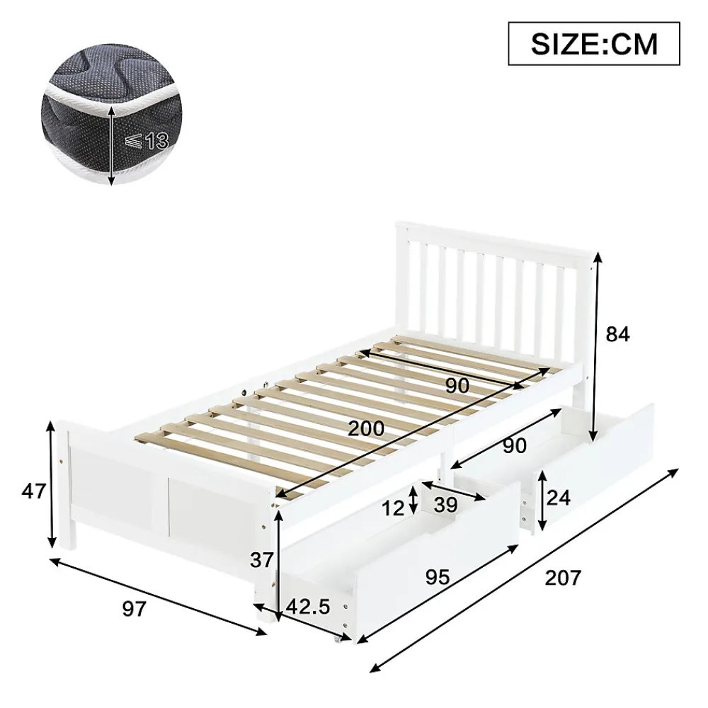 Lit Simple 90x200 cm Bois - Lit Ado ou Adulte avec Rangement Intégré sous le Sommier - Sans Matelas - Bois de Pin + MDF - Blanc>Okwish Sale