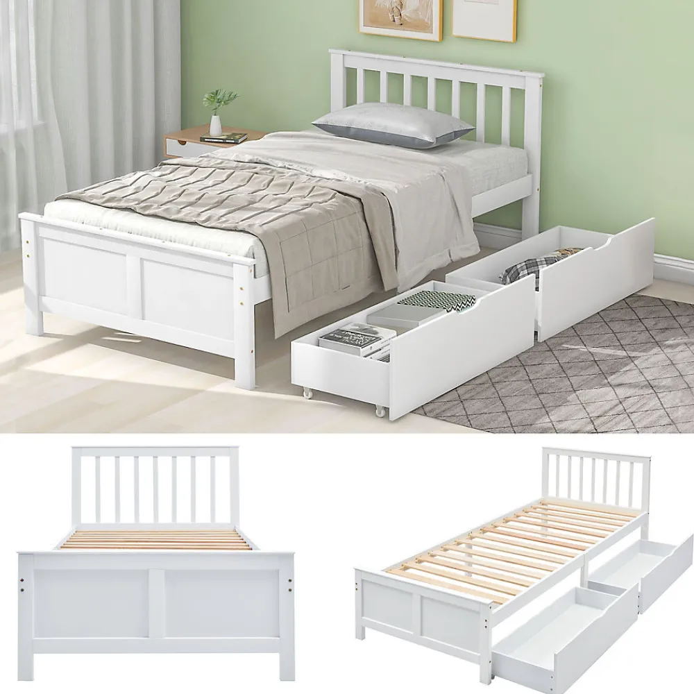 Lit Simple 90x200 cm Bois - Lit Ado ou Adulte avec Rangement Intégré sous le Sommier - Sans Matelas - Bois de Pin + MDF - Blanc>Okwish Sale