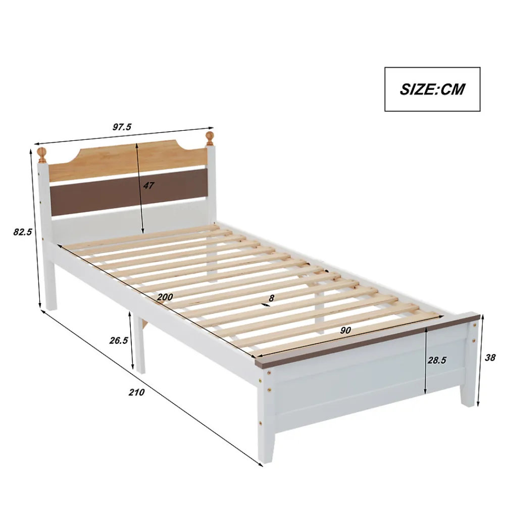 Lit simple 90x200 cm en bois de pin avec pied central, tête et pied en MDF, design Colour-Blocking blanc, lit pour ado et adulte>ProximaX Clearance