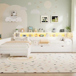 Lit simple 90x200 cm en forme de L - Avec lit gigogne et 1 tiroir - LED et port USB - MDF - Blanc (sans matelas)><noscript><img width=