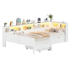 Lit simple 90x200 cm en forme de L - Avec lit gigogne et 1 tiroir - LED et port USB - MDF - Blanc (sans matelas)><noscript><img width=