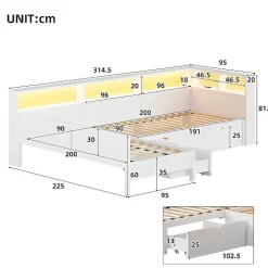 Lit simple 90x200 cm en forme de L - Avec lit gigogne et 1 tiroir - LED et port USB - MDF - Blanc (sans matelas)><noscript><img width=