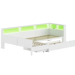 Lit simple 90x200 cm en forme de L - Avec lit gigogne et 1 tiroir - LED et port USB - MDF - Blanc (sans matelas)><noscript><img width=