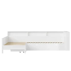 Lit simple 90x200 cm en forme de L - Avec lit gigogne et 1 tiroir - LED et port USB - MDF - Blanc (sans matelas)><noscript><img width=