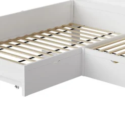 Lit simple 90x200 cm en forme de L - Avec lit gigogne et 1 tiroir - LED et port USB - MDF - Blanc (sans matelas)><noscript><img width=