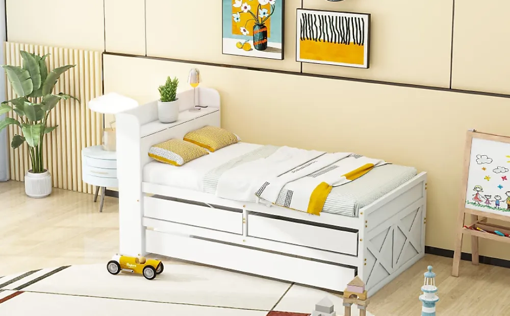 Redom Lit simple 90x190 cm en pin massif avec sommier tiroir table de chevet étagères port USB blanc* Lit Avec Rangement
