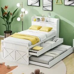 Redom Lit simple 90x190 cm en pin massif avec sommier tiroir table de chevet étagères port USB blanc* Lit Avec Rangement