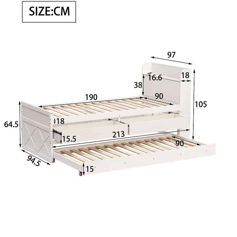 Redom Lit simple 90x190 cm en pin massif avec sommier tiroir table de chevet étagères port USB blanc* Lit Avec Rangement