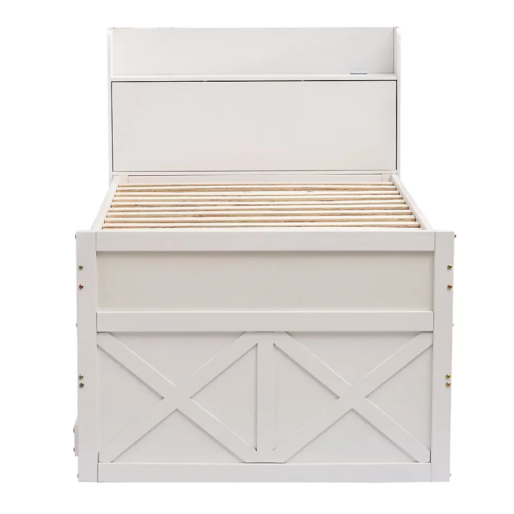 Redom Lit simple 90x190 cm en pin massif avec sommier tiroir table de chevet étagères port USB blanc* Lit Avec Rangement