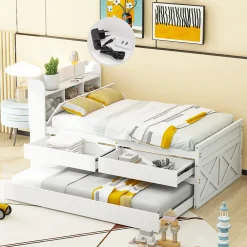 Redom Lit simple 90x190 cm en pin massif avec sommier tiroir table de chevet étagères port USB blanc* Lit Avec Rangement