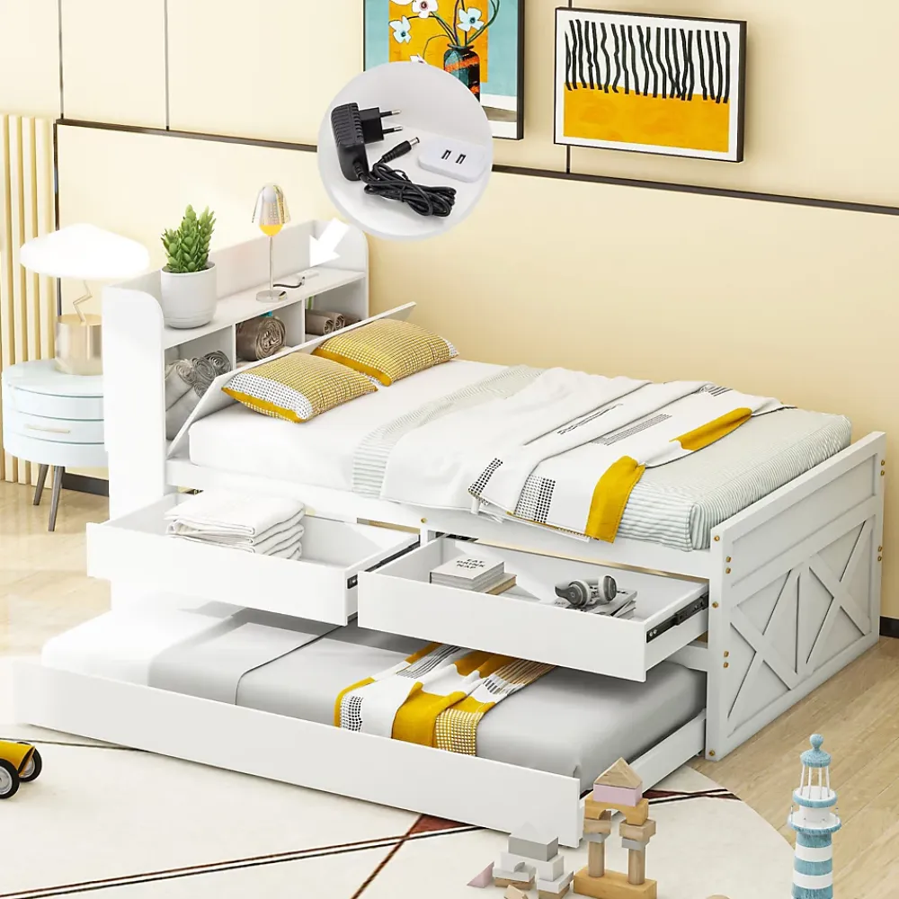 Redom Lit simple 90x190 cm en pin massif avec sommier tiroir table de chevet étagères port USB blanc* Lit Avec Rangement