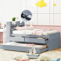 Lit simple 90x190 cm en pin massif avec sommier tiroir table de chevet étagères port USB gris><noscript><img width=
