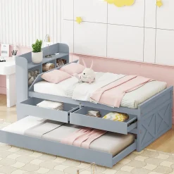 Lit simple 90x190 cm en pin massif avec sommier tiroir table de chevet étagères port USB gris><noscript><img width=