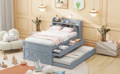 Lit simple 90x190 cm en pin massif avec sommier tiroir table de chevet étagères port USB gris><noscript><img width=
