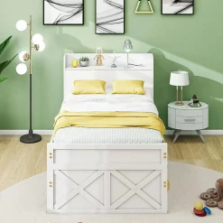 Lit simple 90x190 cm en pin massif blanc avec tiroir coulissant, sommier et table de chevet USB, Lit multifonction ado/invité><noscript><img width=