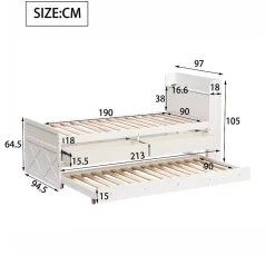 Lit simple 90x190 cm en pin massif blanc avec tiroir coulissant, sommier et table de chevet USB, Lit multifonction ado/invité><noscript><img width=