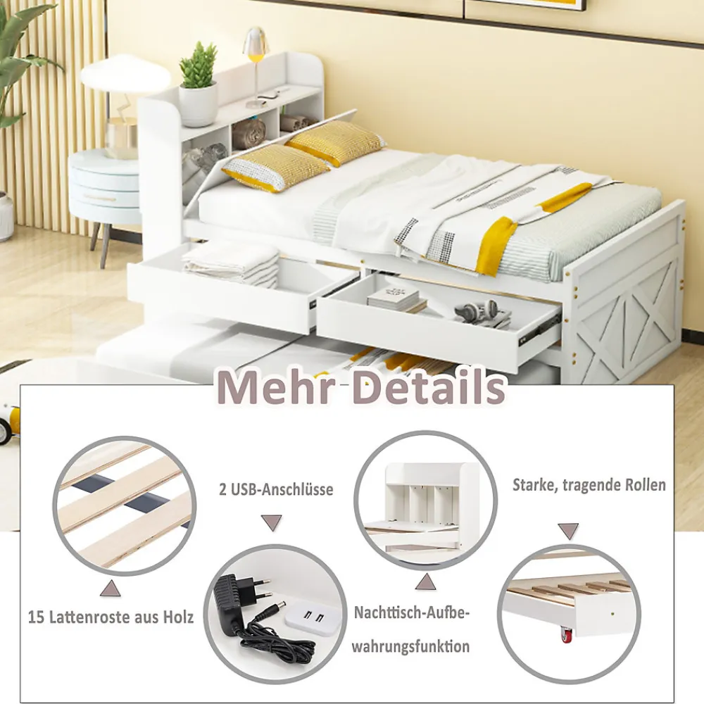 Lit simple 90x190 cm en pin massif blanc avec tiroir coulissant, sommier et table de chevet USB, Lit multifonction ado/invité>ProximaX Discount