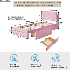 Lit simple 90x200 cm en velours beige avec sommier et 2 tiroirs, lit plat pour enfants, adolescents ou invités, rose><noscript><img width=