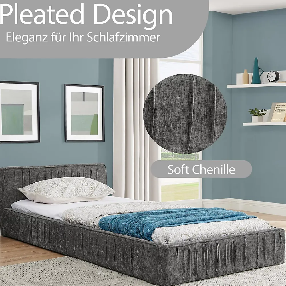 Okwish Lit Simple 90x200 cm enfant Capitonné, Tête de Lit, Structure Bois d'Eucalyptus Métal, Chenille Doux, Gris Foncé, Sans Matelas*Enfant Lit Enfant