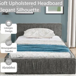 Okwish Lit Simple 90x200 cm enfant Capitonné, Tête de Lit, Structure Bois d'Eucalyptus Métal, Chenille Doux, Gris Foncé, Sans Matelas*Enfant Lit Enfant