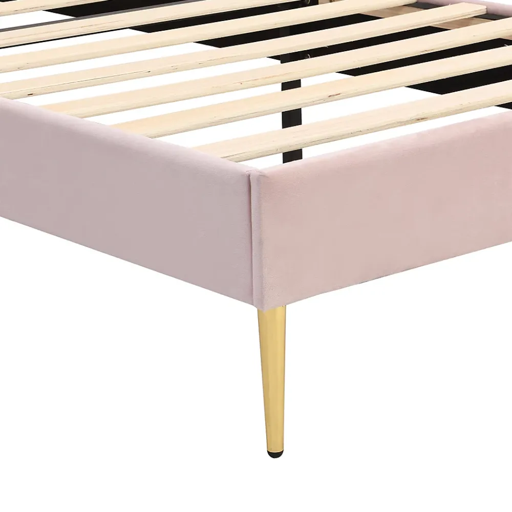Okwish Lit simple 90x200 cm, Lit Capitonné avec Tête de Lit Coquillage Réglable et Pieds Dorés - Rose, Sans Matelas* Lit Simple