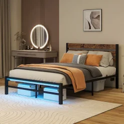 Lit Simple 120x200 cm, Lit Métal Ado Vintage avec LED et USB, Sans Matelas, MDF et Métal, Noir/Brun>Okwish New