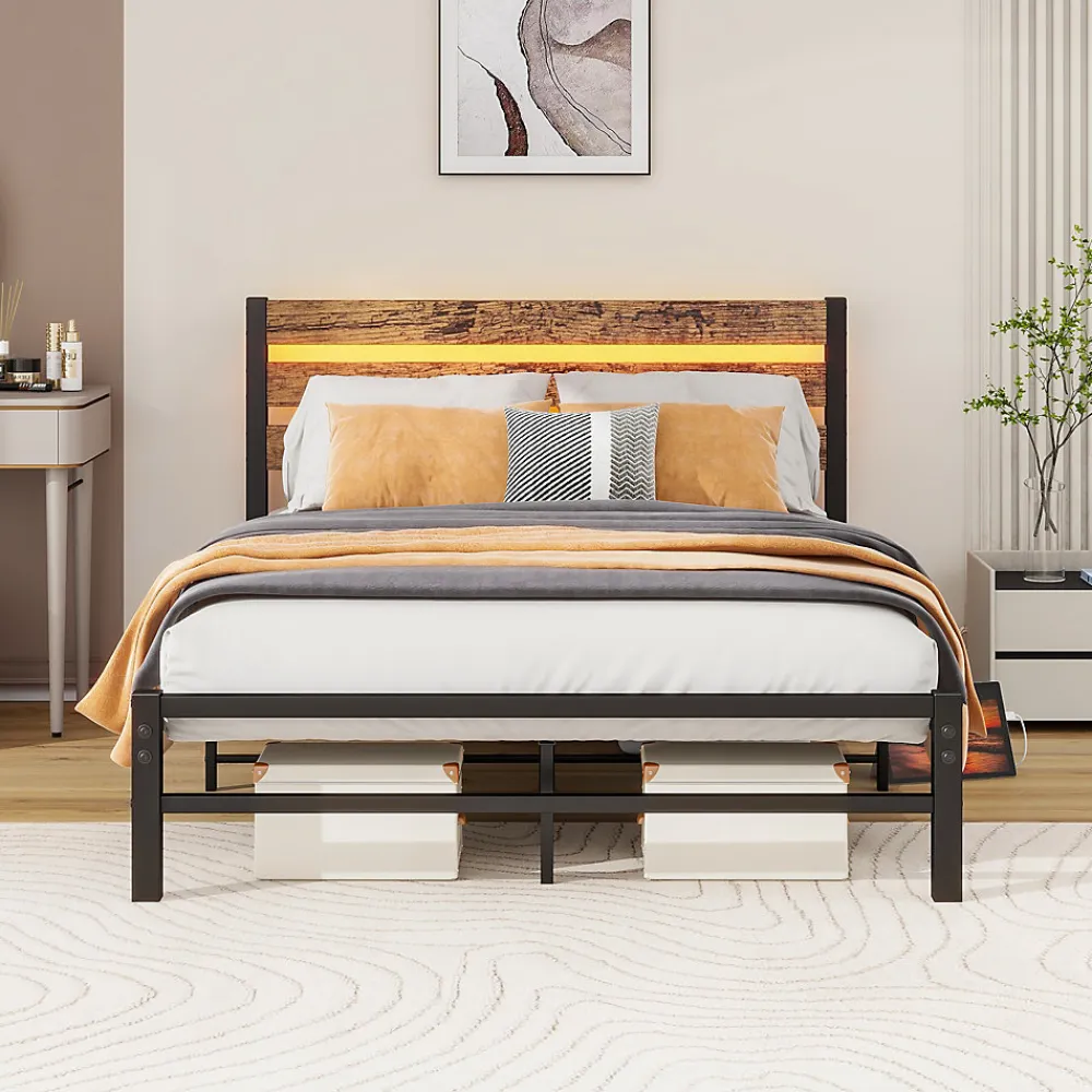 Lit Simple 120x200 cm, Lit Métal Ado Vintage avec LED et USB, Sans Matelas, MDF et Métal, Noir/Brun>Okwish New