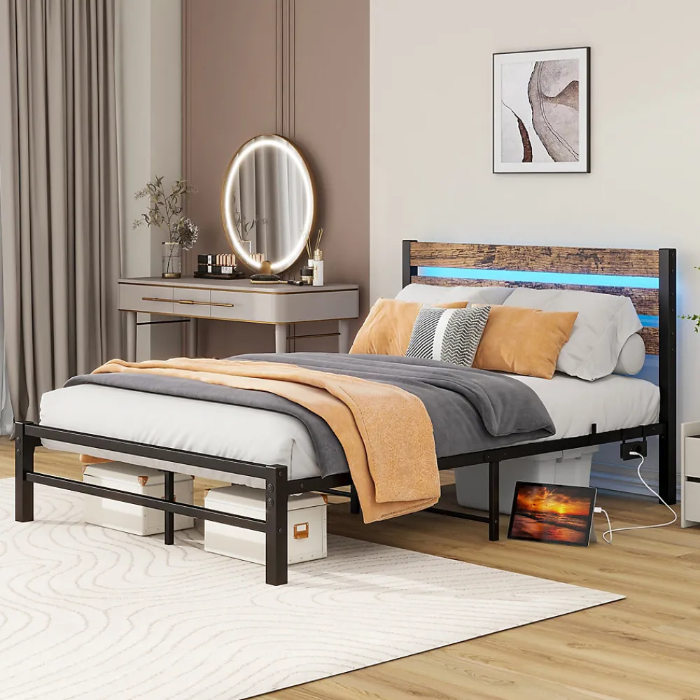 Lit Simple 120x200 cm, Lit Métal Ado Vintage avec LED et USB, Sans Matelas, MDF et Métal, Noir/Brun>Okwish New