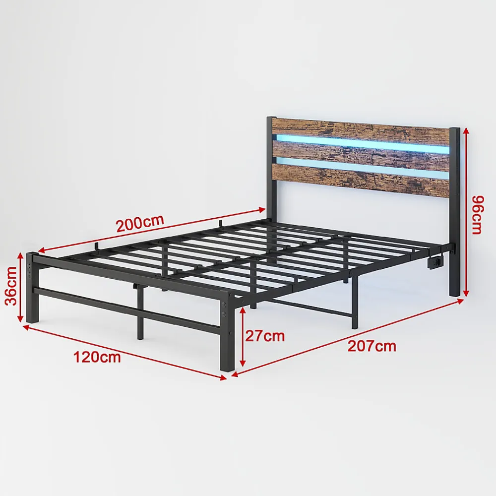 Lit Simple 120x200 cm, Lit Métal Ado Vintage avec LED et USB, Sans Matelas, MDF et Métal, Noir/Brun>Okwish New