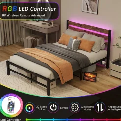 Lit Simple 120x200 cm, Lit Métal Ado Vintage avec LED et USB, Sans Matelas, MDF et Métal, Noir/Brun><noscript><img width=